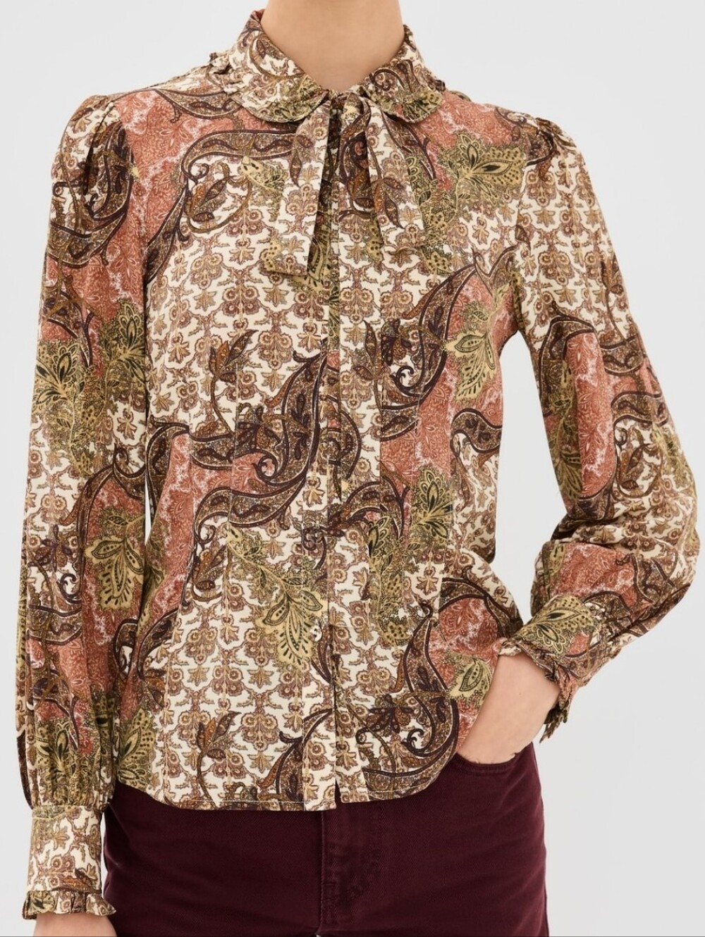 Vedra 100% Silk Blouse VTG-Inspired Paisley Tie-Neck in Rust, Green And Cream